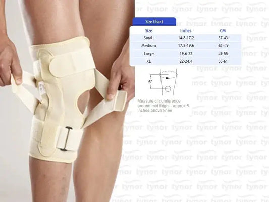 Light beige neoprene knee support brace with adjustable straps for knee