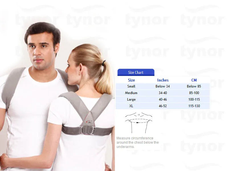 Adjustable clavicle brace with buckle, gray straps, worn on shoulders