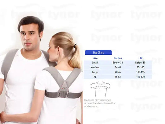 Adjustable clavicle brace with buckle, gray straps, worn on shoulders