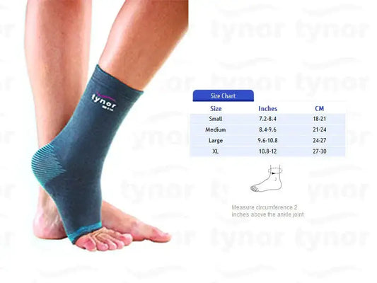 Teal ankle compression sleeve worn on foot