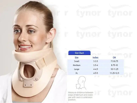 Beige cervical orthosis with chin support and front opening.