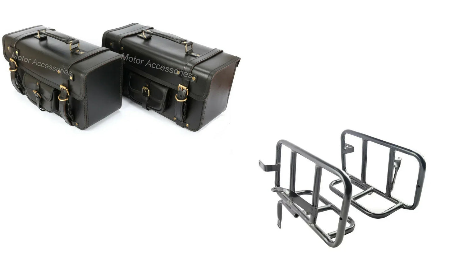 FIT FOR Royal Enfield Interceptor 650 Pannier Rails & Black Leather Saddle Bags Pair - StellerGear