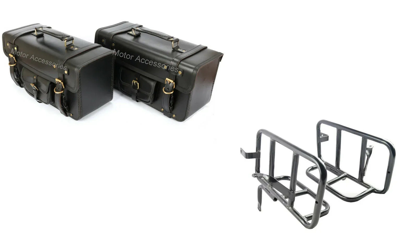 FIT FOR Royal Enfield Interceptor 650 Pannier Rails & Black Leather Saddle Bags Pair - StellerGear