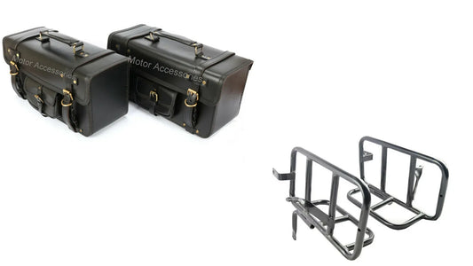 FIT FOR Royal Enfield Interceptor 650 Pannier Rails & Black Leather Saddle Bags Pair - StellerGear