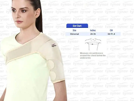Tynor neoprene shoulder support brace in light beige, short-sleeve design