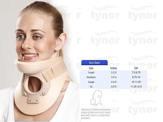 Cervical collar neck brace with chin support, beige plastic with circular opening