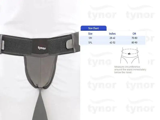 Tynor scrotal support belt with padded front pouch, adjustable strap