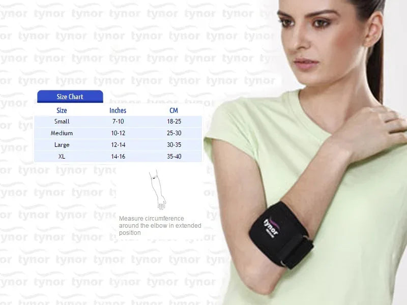 Tennis elbow support strap brace in black with adjustable cuff, worn on upper forearm