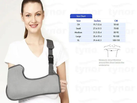 Gray arm sling with pouch and neck support strap for injured forearm