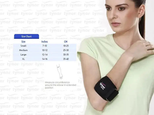 Elbow support strap brace, black, with adjustable strap on upper arm