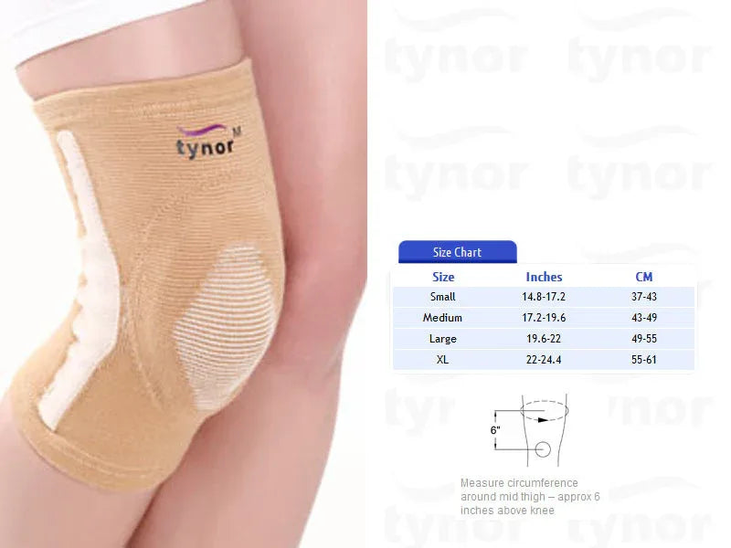 Beige knee cap support with open patella and 'tynor' logo, size M