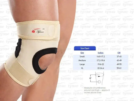 Tynor XL knee support in cream neoprene with hook-and-loop strap, open patella