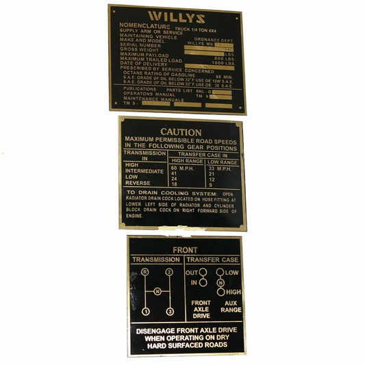 FIT FOR Jeeps Willys Ford CJ2A CJ3A CJ3 Brass Black Dash Data Plate 3 Unit - StellerGear