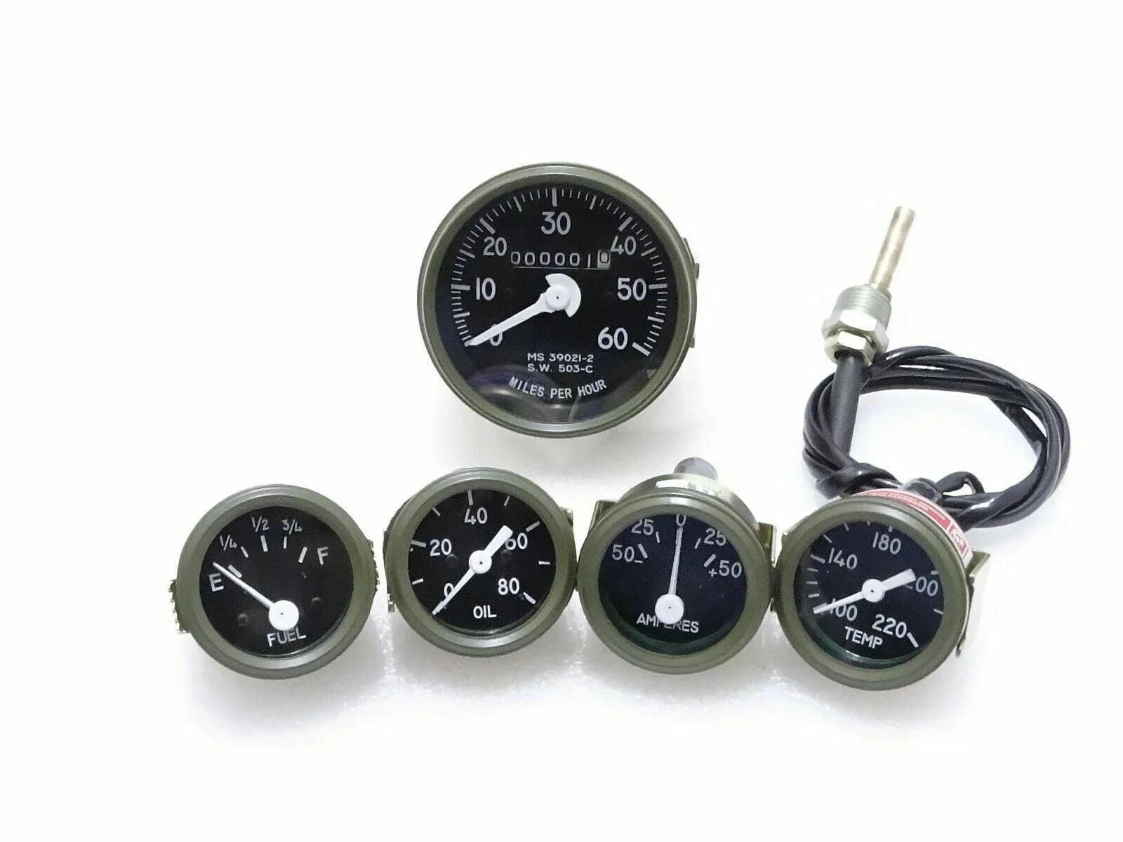 WILLYS JEEP GREEN BEZEL SPEEDOMETER,TEMP,OIL,FUEL,AMP GAUGES SET - StellerGear