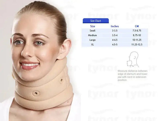 Soft beige cervical collar with support, rounded front and neck support band