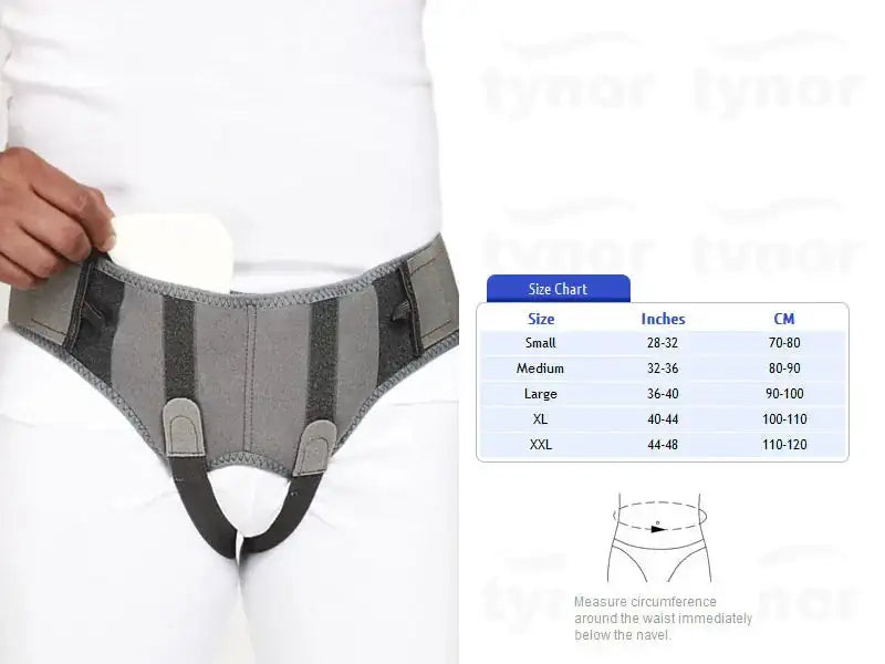 Hernia belt guard support with gray wrap strap and front groin pad, adjustable closure