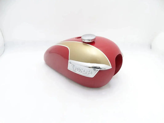 TRIUMPH T140 OIF FUEL TANK GOLDEN & RED PAINTED + CAP + BADGES - StellerGear