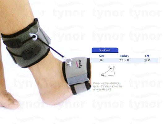 Ankle and foot support brace with black strap and grey lining, adjustable ties