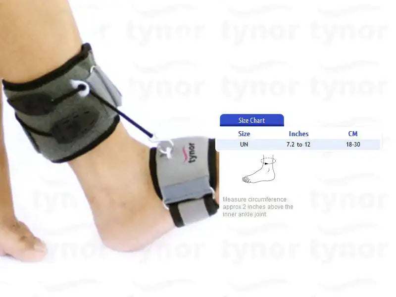 Ankle and foot support brace with black strap and grey lining, adjustable ties