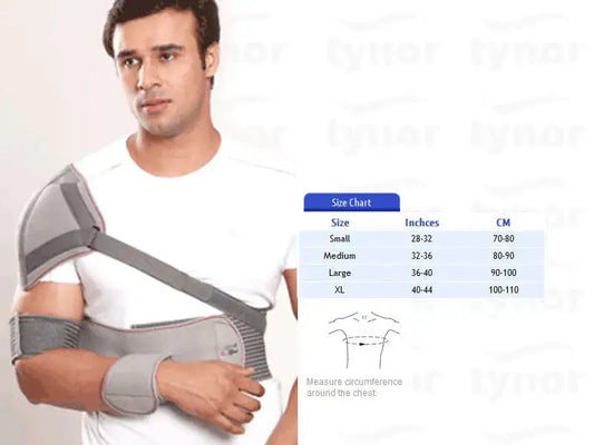 Elastic shoulder immobilizer with arm cuff, gray fabric, adjustable strap