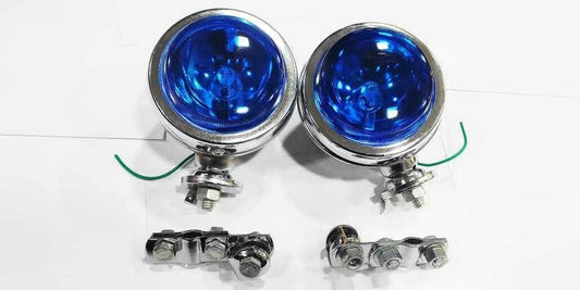 Blue scooter spotlights with steel mounting brackets