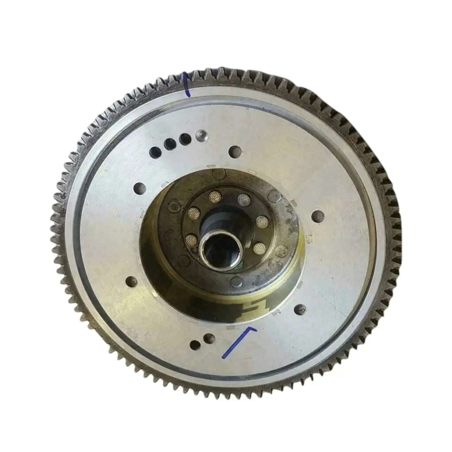 Ignition flywheel and starter gear with toothed ring and central hub