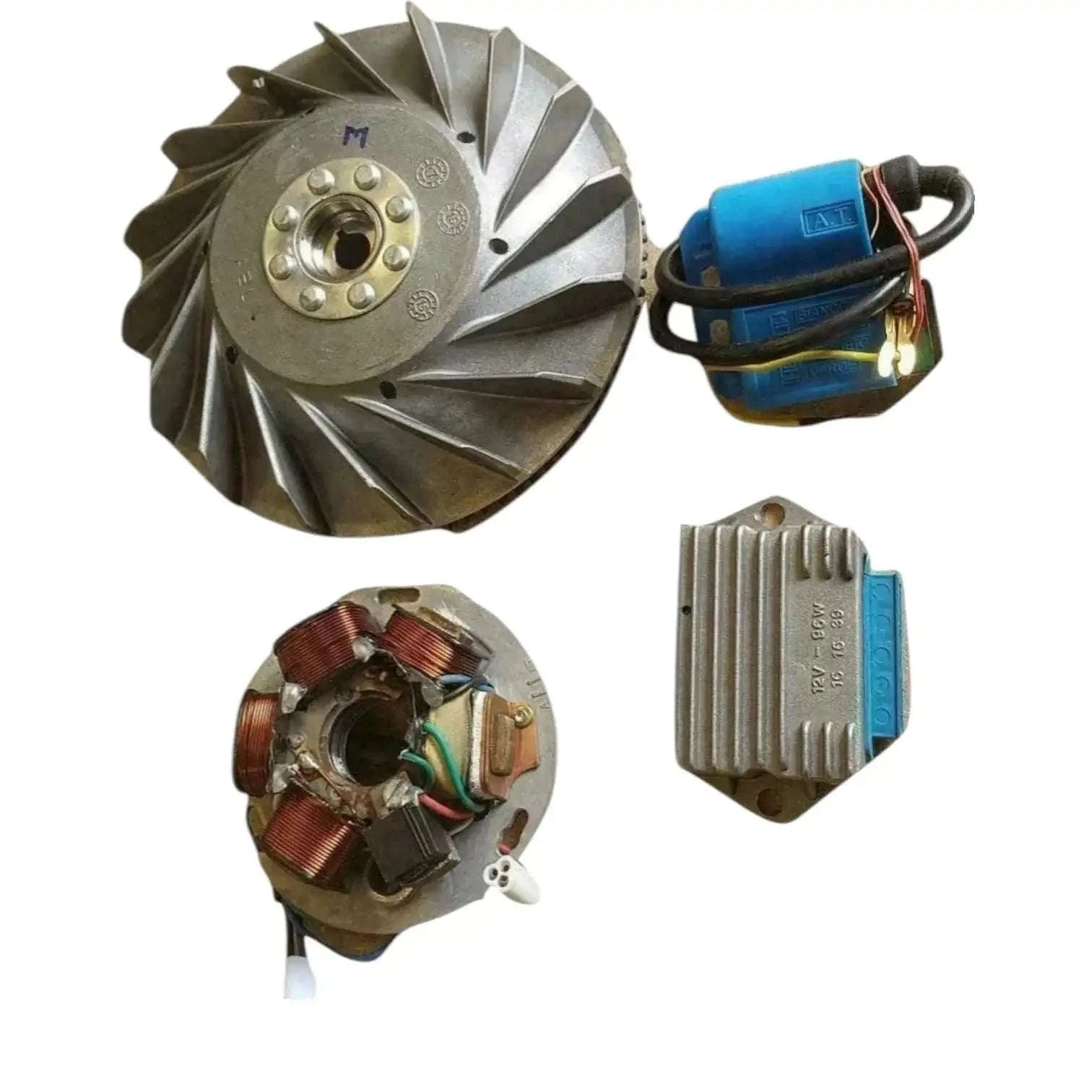 Ignition kit components: stator rotor, ignition coil, and blue control module
