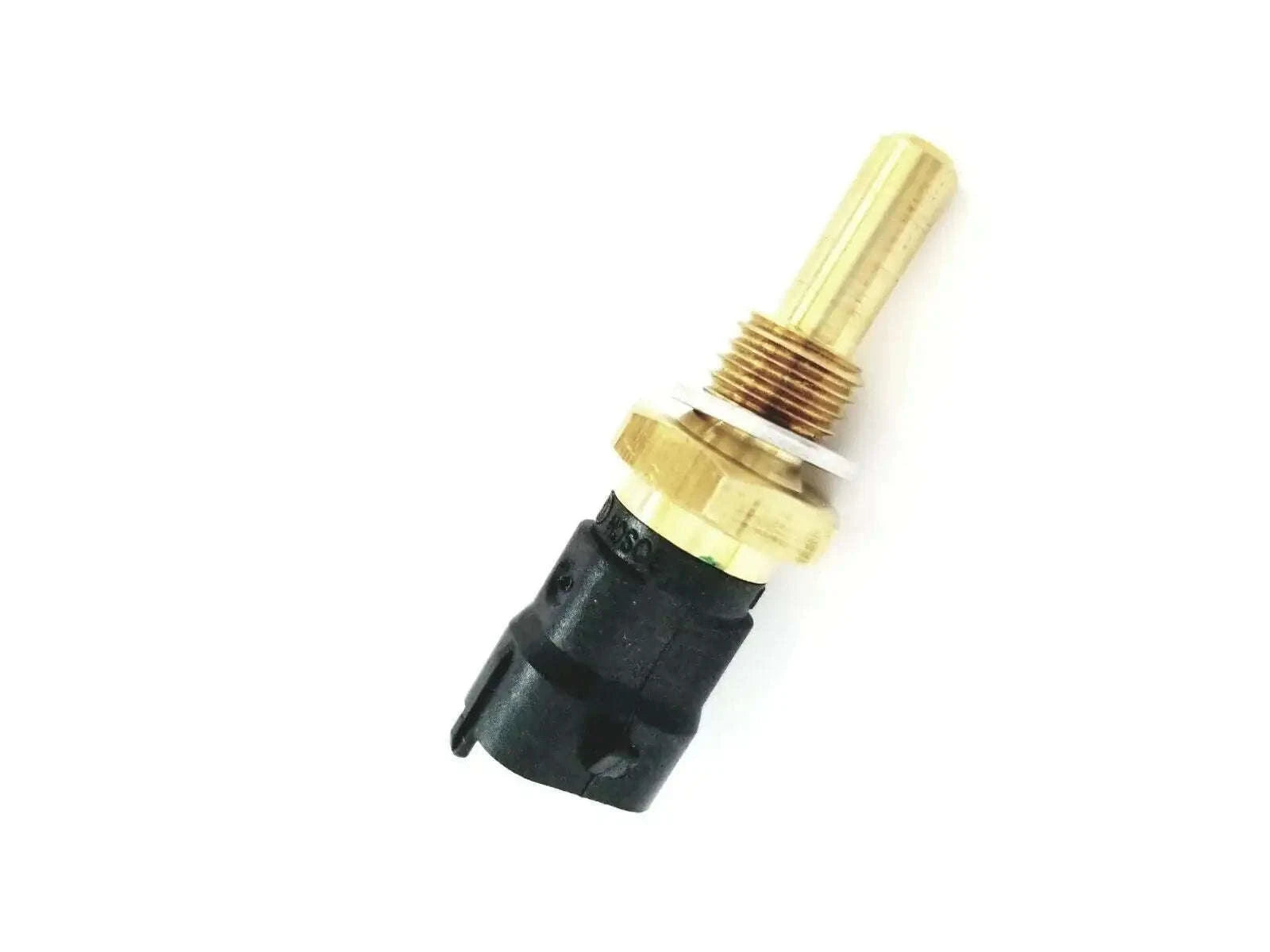 Coolant temperature sensor with threaded metal tip and black plastic body