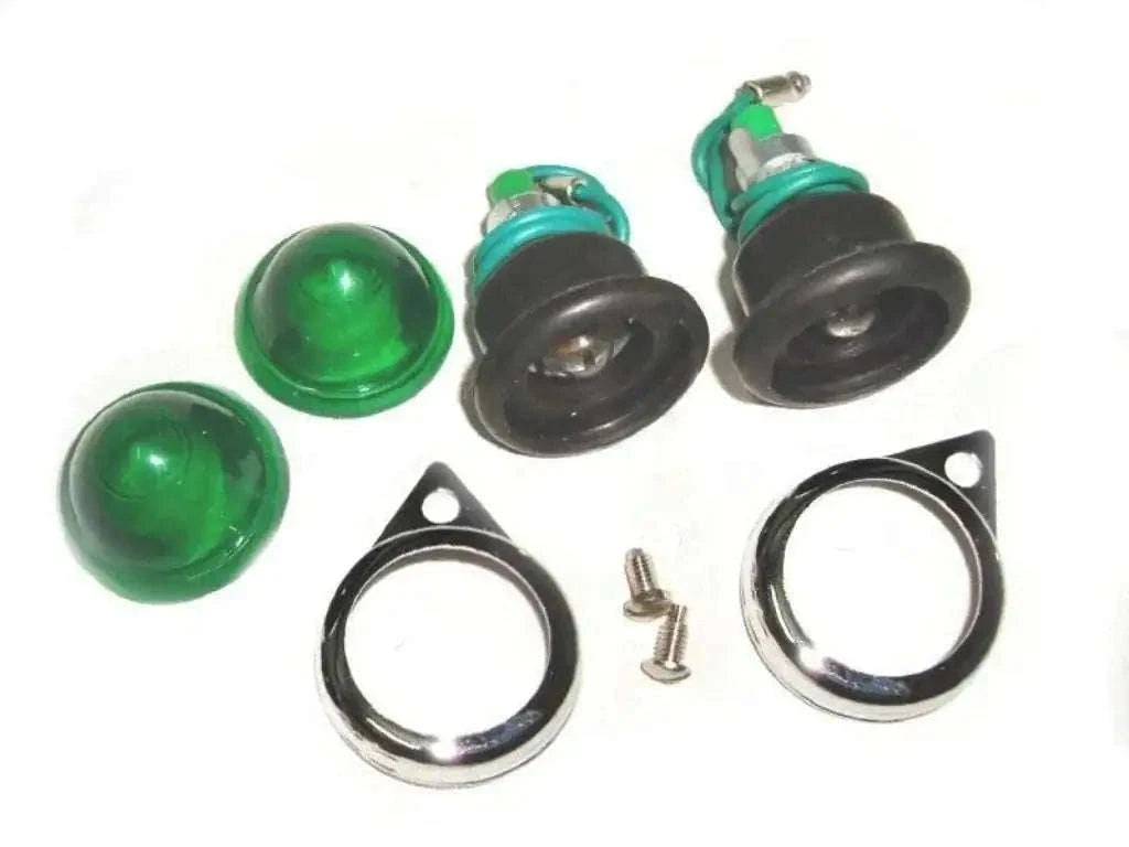 12V pilot lamp set with green lenses, chrome rims, sockets, and mounting screws