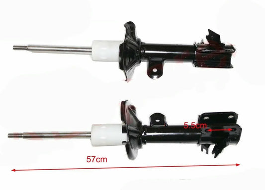 Front shock absorber strut set, black cylinders with white caps and brackets