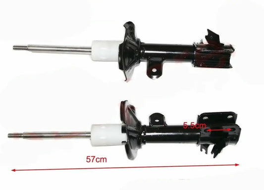Front shock absorber strut set, black cylinders with white caps and brackets