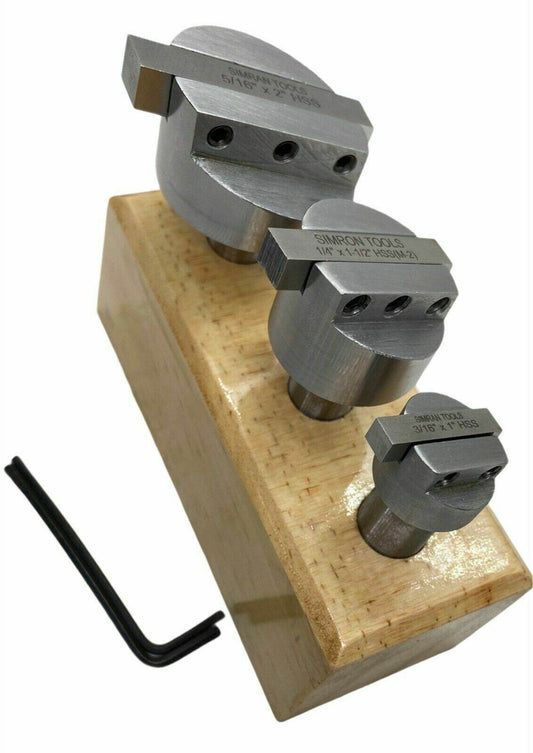 Set of Shank Fly Cutters Made of Hardened Steel Milling Cutters on a Wooden Display Base