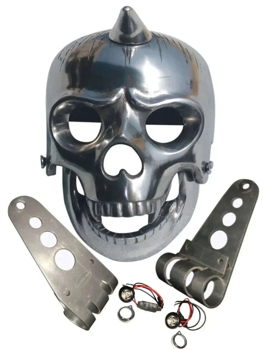 Skull headlight case with mounting brackets, aluminium, chrome finish and wiring hardware