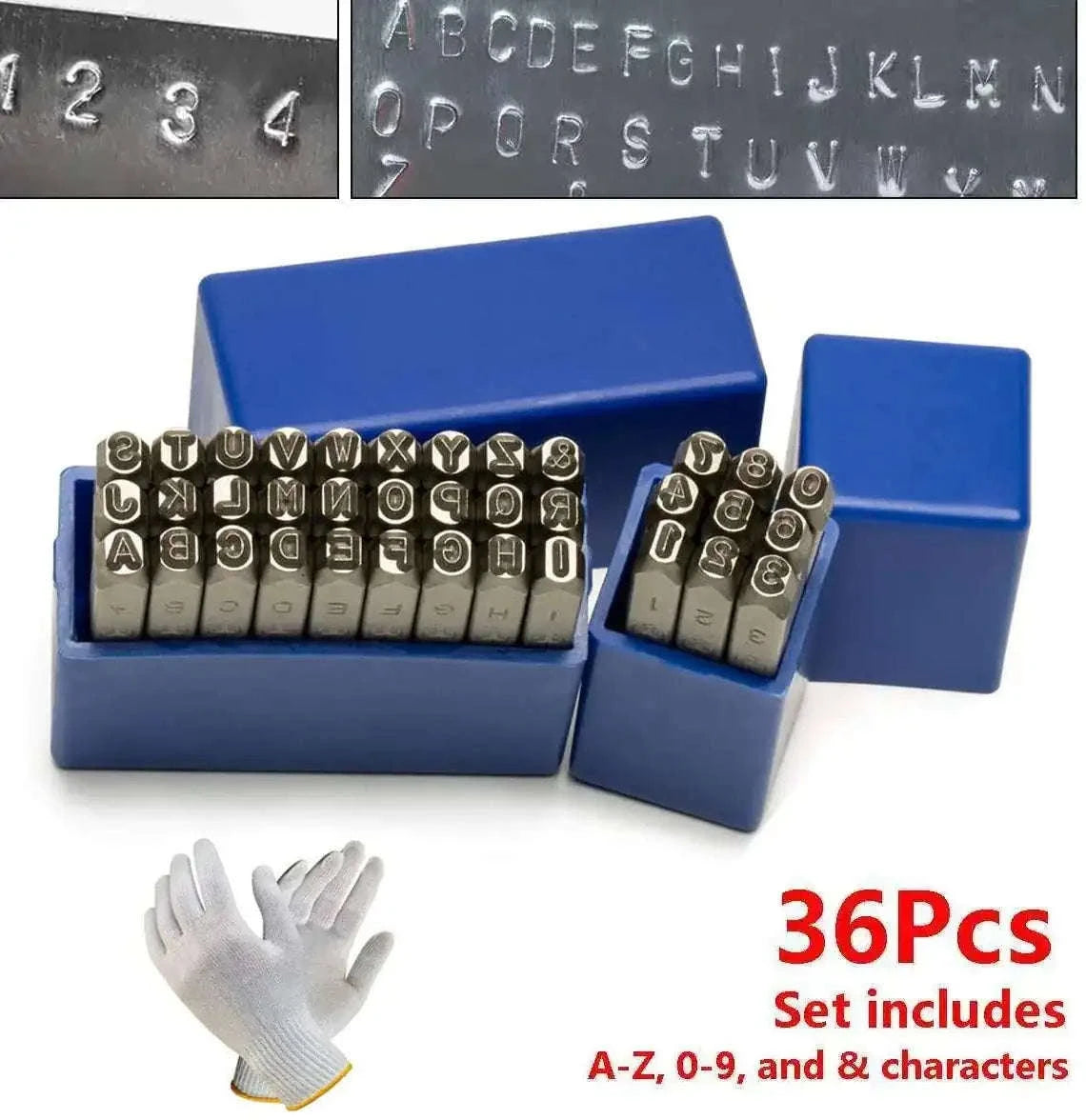 Steel alphabet metal stamping punch set with letter and number dies, 36-piece kit