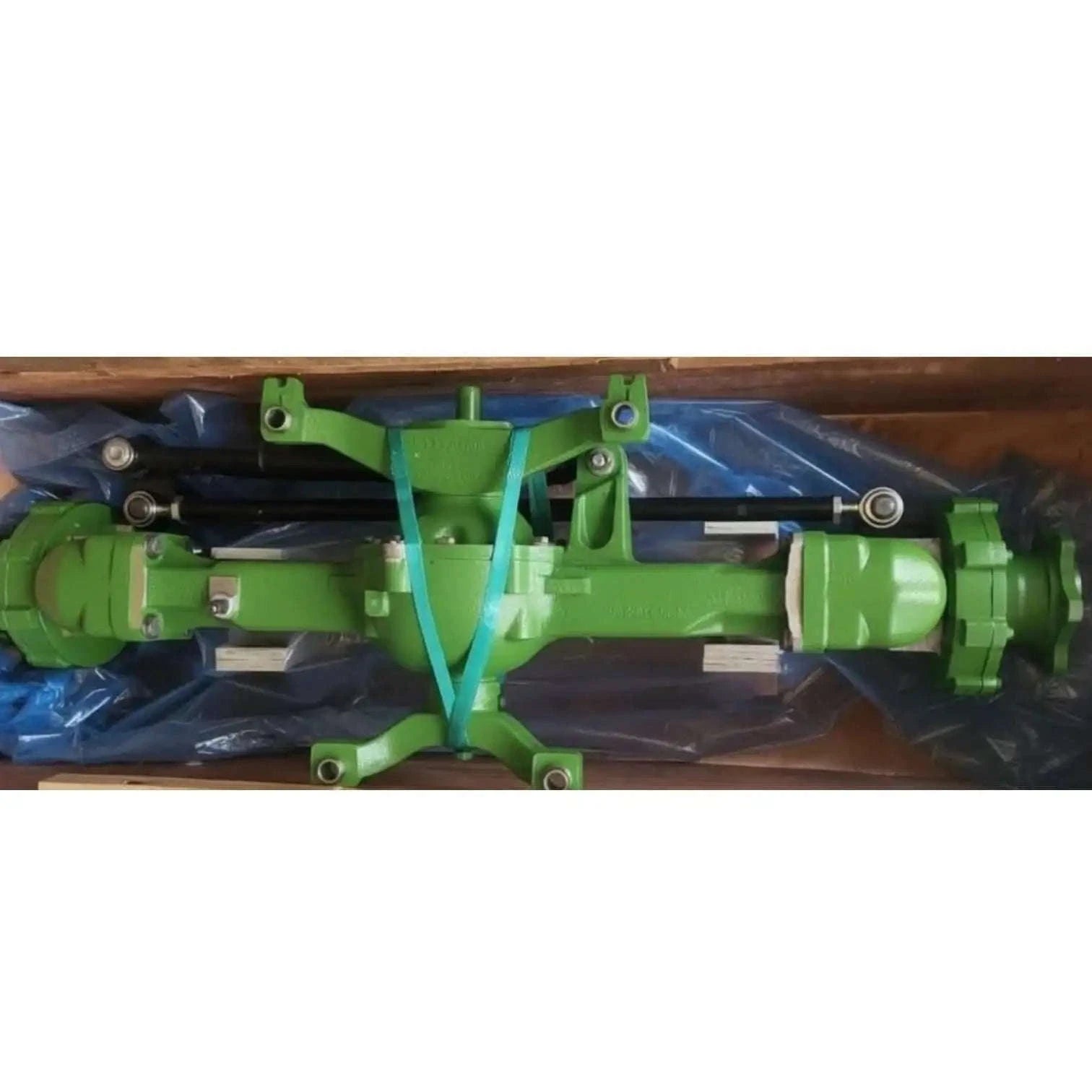 MFWD complete front axle assembly for John Deere tractors, durable green metal, designed for heavy-duty use