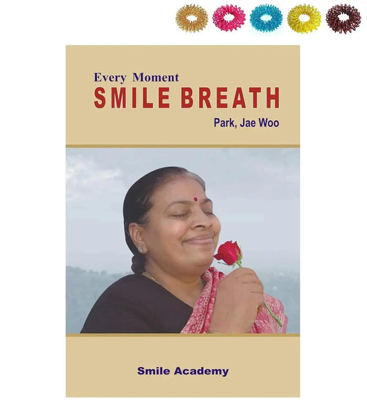 Smile Breath book cover with smiling woman holding a red flower