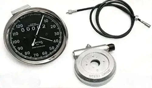Smiths cable speedometer with black dial, stainless steel casing, and steel drive for accurate vehicle speed measurement