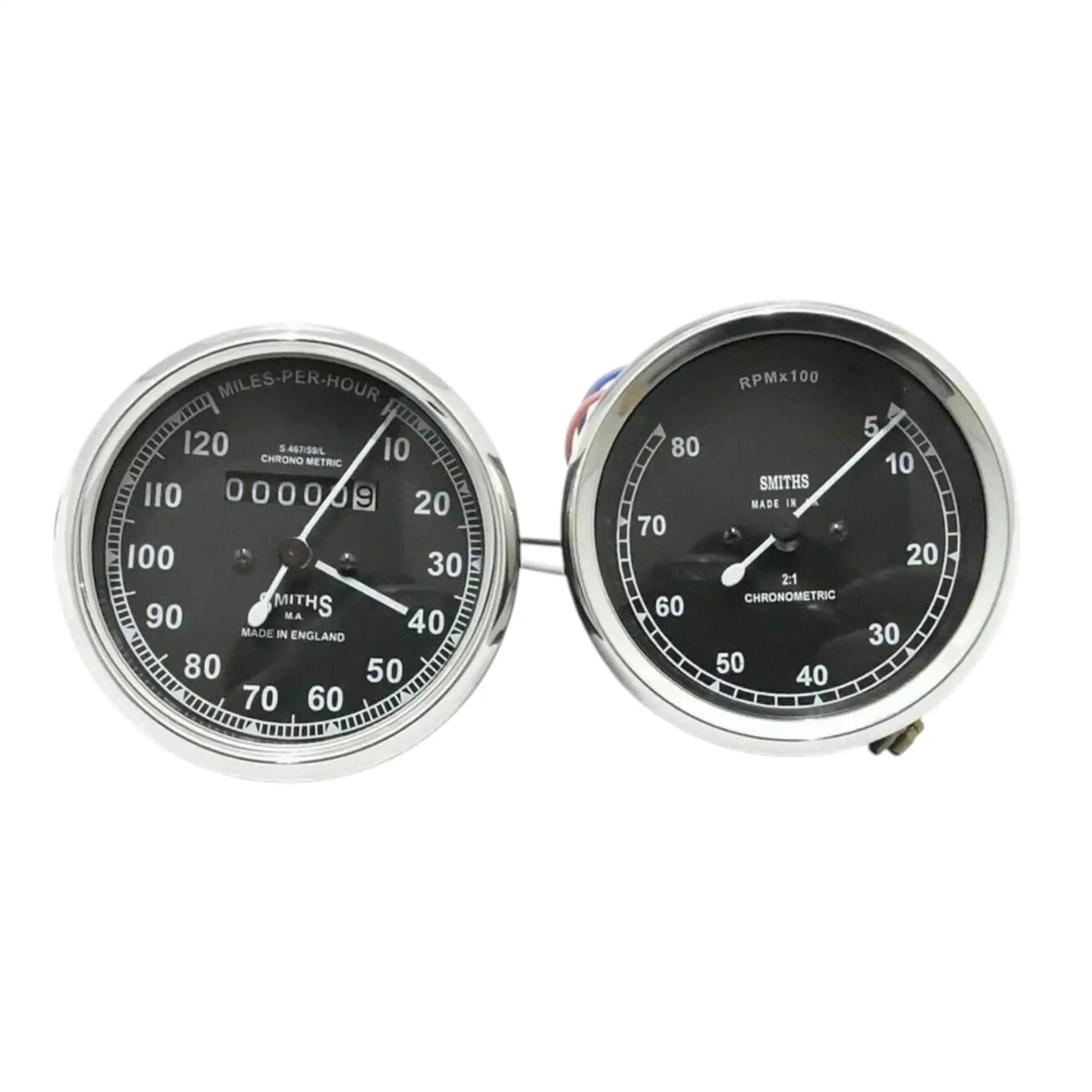 Speedometer gauge pair, black dial faces, mph and tach scales with needles