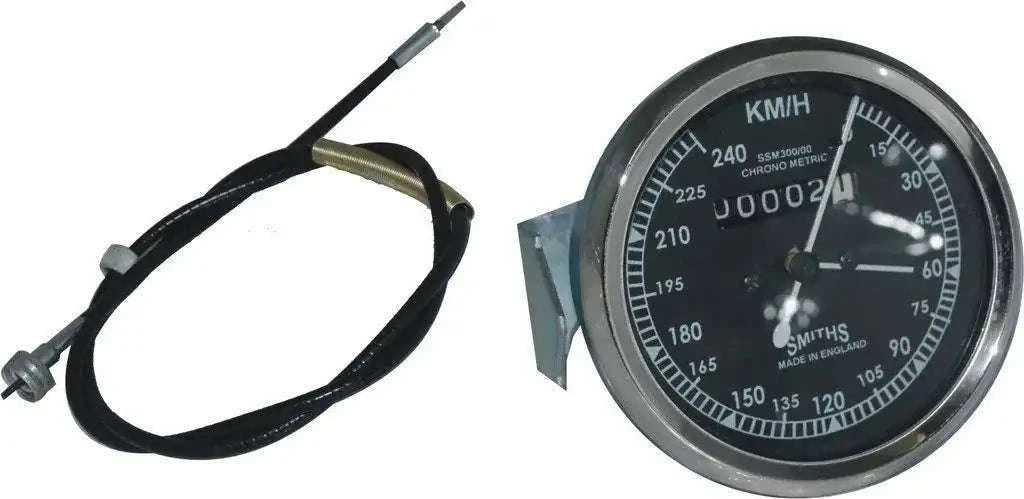 Black-faced Smiths speedometer with KM/H dial and attached cable
