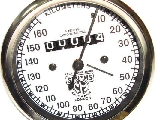 Vintage Triumph speedometer gauge face with white dial and 0–160 km/h scale