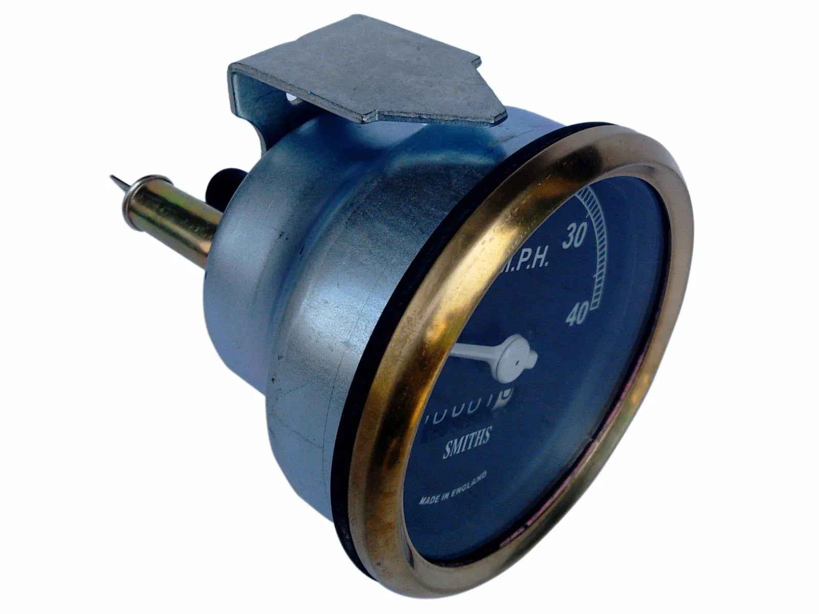 Speedometer gauge with blue face and brass bezel, 40 MPH scale