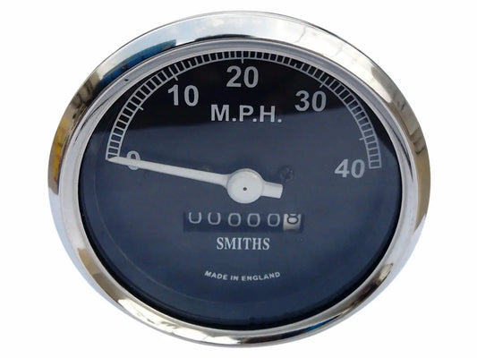 0–40 MPH vintage bike speedometer with dark blue face and chrome bezel, SMITHS