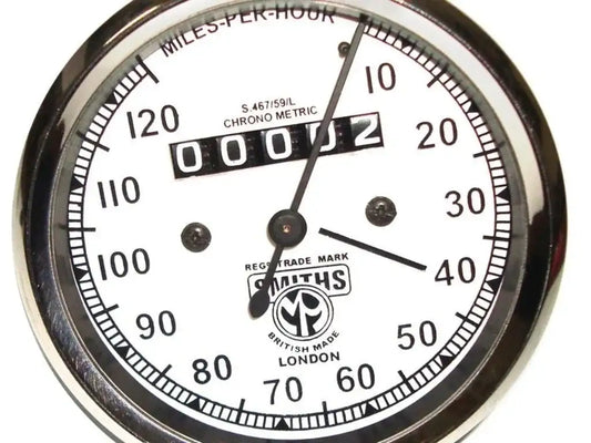 Mechanical speedometer dial with white face, black numerals, and chrome bezel.