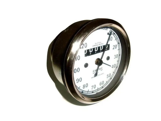 White-face mph speedometer gauge with black bezel and numbered dial