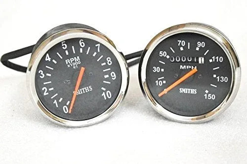 Smith tachometer and speedometer pair, black dials, chrome bezels