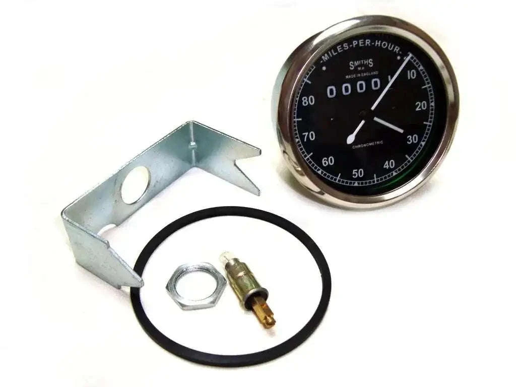 Smiths speedometer kit with round gauge, black dial, mounting bracket & sensor