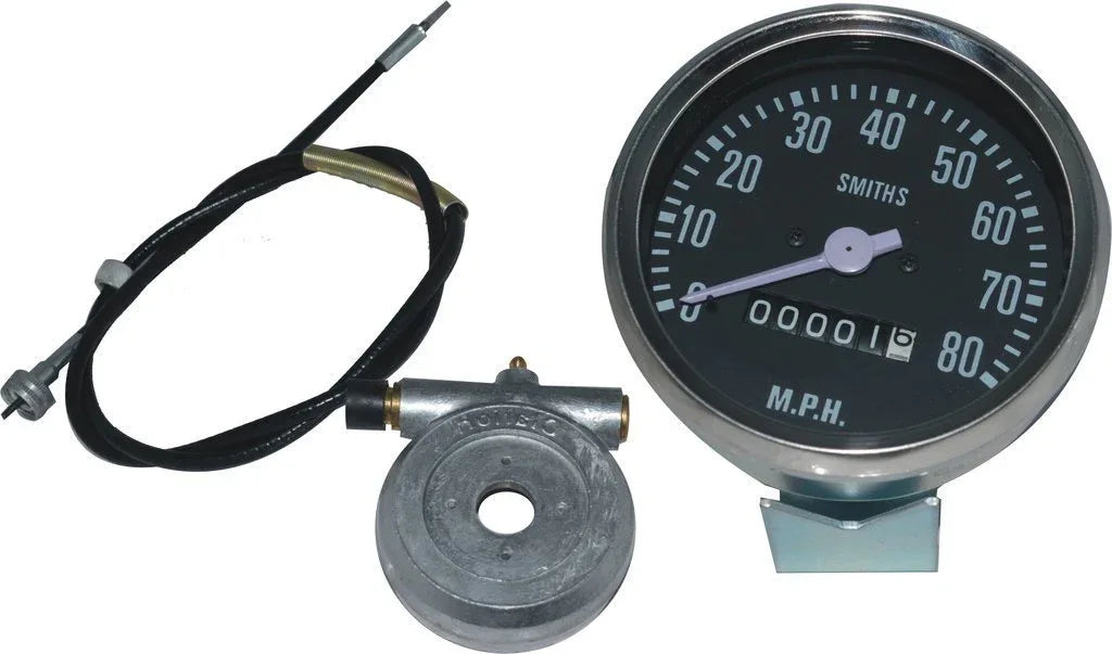 Smith 0–80 mph speedometer gauge with cable and hub drive, M.P.H. face