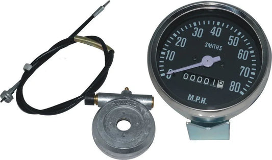 Smith 0–80 mph speedometer gauge with cable and hub drive, M.P.H. face
