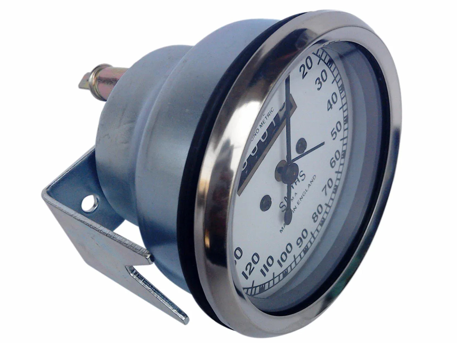 Speedometer gauge with white dial, black bezel, chrome ring and mounting bracket
