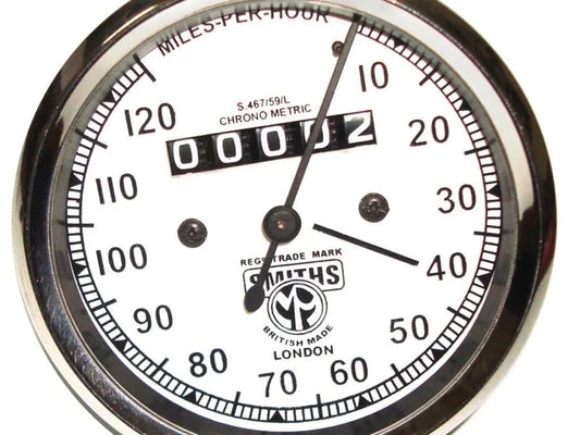Smiths speedometer test speed gauge, chrome finish, measuring 0-120 miles per hour for automotive use